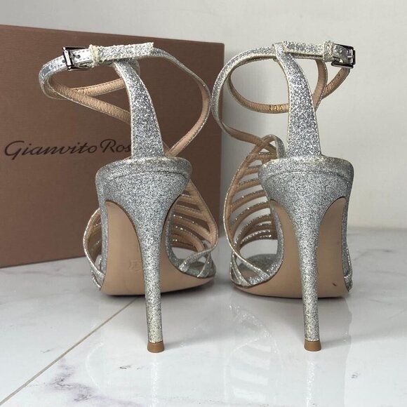 Gianvito Rossi VEGA Bright Silver Glitter Caged High Heel Sandals 100mm - Picture 9 of 13